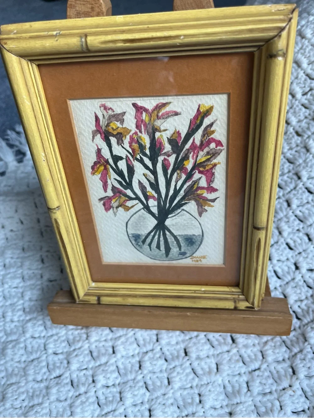 Vintage Bamboo-Style Frame with terracotta mat and original watercolor paintin